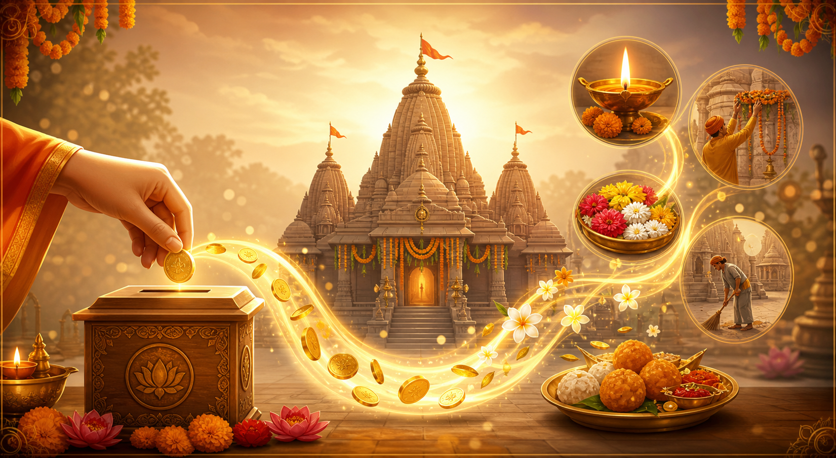 Donation supporting temple lamps, flowers, prasad, and maintenance